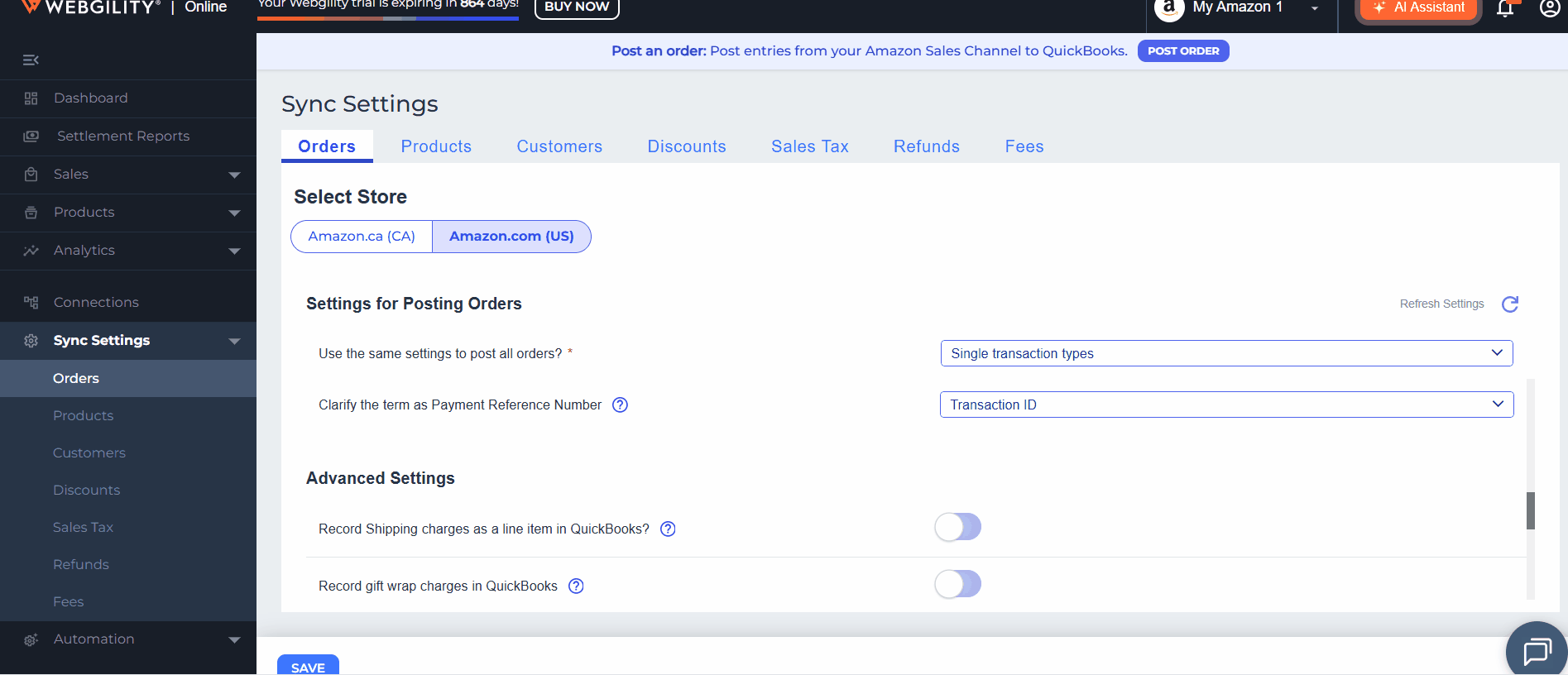 Recommended Settings for Amazon Sales Channel with Webgility Online